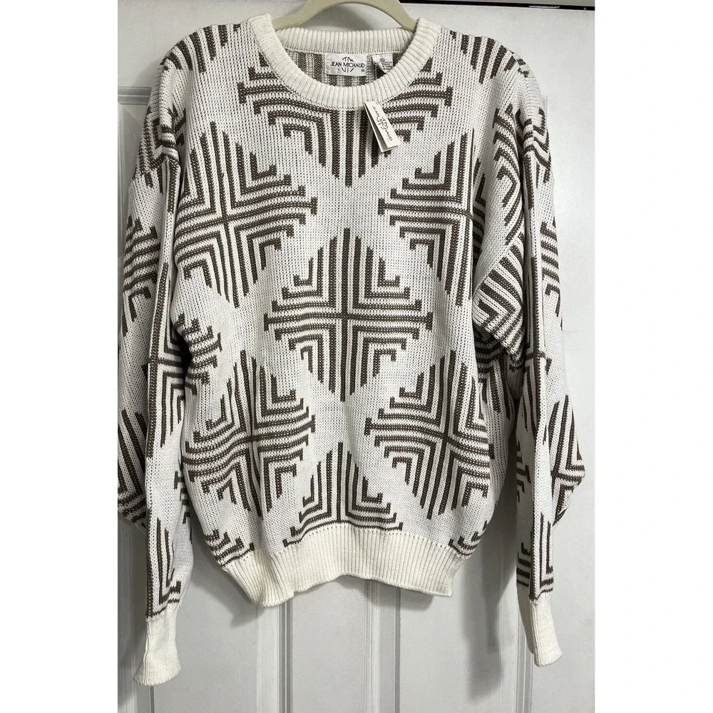 80s 90s Jean Michaud Sweater All Over Print White Brown XL NWT Knit